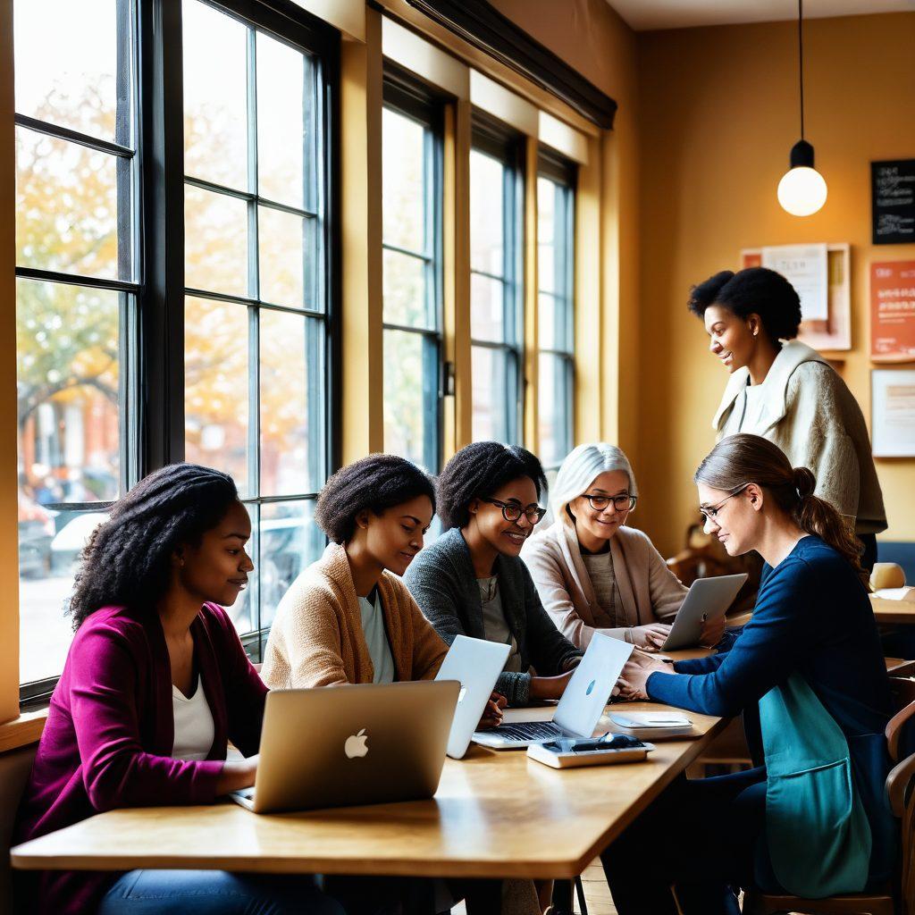 A diverse group of women of different backgrounds and ages, engaging with laptops and tablets in a cozy café setting, emanating warmth and empowerment. The walls adorned with inspirational quotes about women and digital media. Soft sunlight filtering through large windows, symbolizing hope and connection. The overall atmosphere vibrant and inviting, showcasing collaboration and community. painterly style, warm color palette, intimate scene.