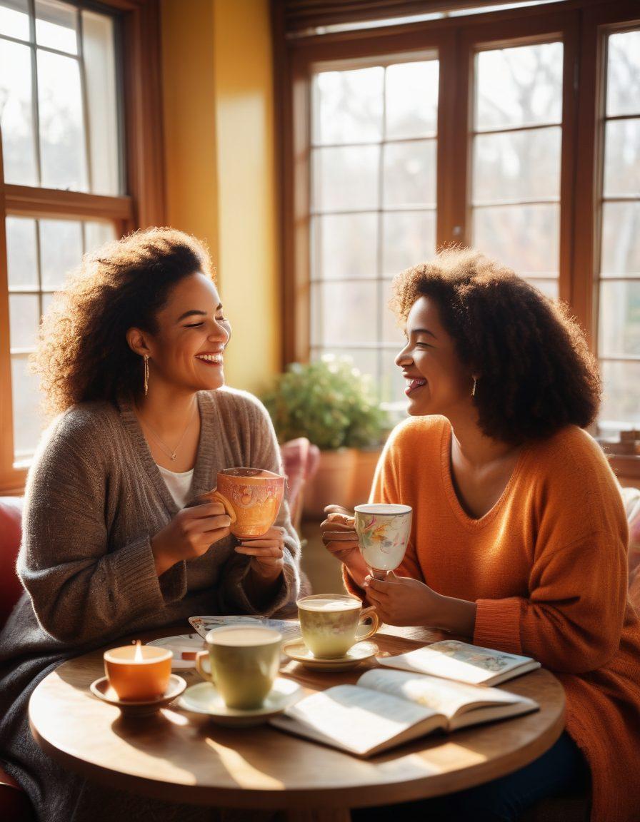 A diverse group of women sitting together in a cozy, sunlit room, sharing stories with laughter and warmth. The walls are adorned with colorful storybooks and inspirational quotes, while a steaming cup of tea rests on a table filled with hands, showcasing cultural diversity. Soft natural light filters through the windows, creating a welcoming atmosphere that embodies connection and creativity. super-realistic. warm colors. cozy environment.