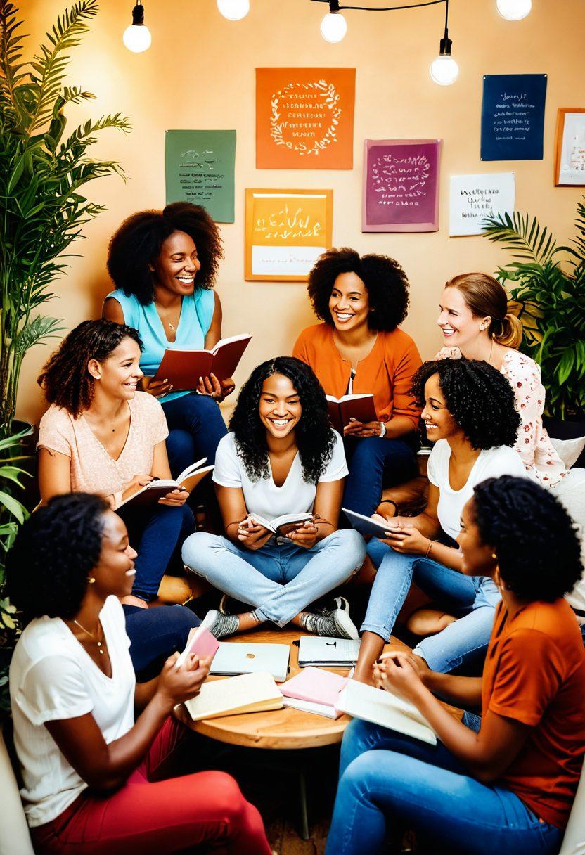 A diverse group of women sitting in a circle, sharing stories and laughter, with colorful journals and laptops on their laps, surrounded by a warm, inviting atmosphere filled with plants and soft lights. The background features motivational quotes on the walls, celebrating sisterhood and connection. Capture a sense of empowerment, collaboration, and joy. vibrant colors. soft lighting. artistic illustration.